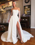 Strapless White A Line Wedding Dress with Slit