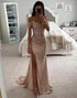 Sheath Champagne Off The Shoulder Ruched Sequin Prom Dress with Slit