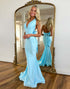 Mermaid Blue Halter Bow Lace-up Prom Dress with Sweep Train
