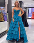 Tiered Strapless Corset A Line Peacock Blue Prom Dress