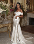 Off the Shoulder White Satin Pleated Mermaid Long Wedding Dress