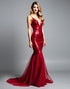 Mermaid Spaghetti V-Neck Red Sequins Satin Sweep Train Formal Dress