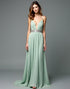 Green A-Line Spaghetti Deep V-Neck Rhinestone Waistband Sweep Train Formal Dress