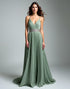 Dusty Sage A-Line Spaghetti V-Neck Ruched Rhinestone Waistband Formal Dress