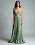 Grey Green A-Line Spaghetti V-Neck Ruched Waistband Sweep Train Formal Dress