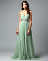 Light Green A-Line Spaghetti V-Neck Waistband Sweep Train Formal Dress