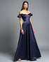Navy A-Line Strapless Off The Shoulder Formal Dress with Sweep Train