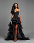 Black A-Line Spaghetti Cascading Ruffles Asymmetrical Black Tie Dress