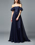 Navy A-Line Strapless Bateau Neck Ruched Satin Sweep Train Formal Dress
