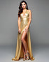 Golden Mermaid Spaghetti Halter Split Satin Sweep Train Formal Dress