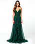 Dark Green Mermaid Spaghetti V-Neck Sweep Train Formal Dress with Ruffles