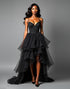 Black A-Line Spaghetti V-Neck Cascading Ruffles Asymmetrical Black Tie Dress