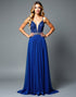 Royal Blue A-Line Spaghetti V-Neck Ruched Rhinestone Sweep Train Formal Dress