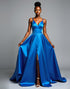 Royal Blue A-Line Spaghetti Straps V-Neck Split Satin Formal Dress