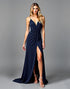 Navy A-Line Spaghetti Straps V-Neck Split Satin Sweep Train Formal Dress
