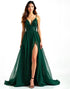 Dark Green A-Line Spaghetti Straps V-Neck Sequins Formal Dress with Split