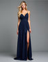 A-Line Spaghetti V-Neck Navy Ruched Slit Formal Dress with Sweep Train