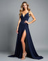 Navy A-Line Spaghetti Straps V-Neck Split Formal Dress with Sweep Train