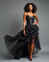 Black A-Line V-Neck Asymmetrical Black Tie Dress with Cascading Ruffles