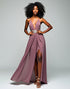 Grey Purple A-Line Spaghetti Halter Neck Sweep Train Formal Dress with Split