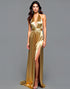 Golden A-Line Spaghetti Halter Neck Pleated Split Satin Formal Dress