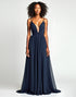 A-Line Spaghetti V-Neck Pleated Navy Sweep Train Formal Dress
