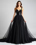 Black A-Line Spaghetti Straps V-Neck Sequins Black Tie Wedding Guest Dress