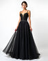Black Spaghetti V-Neck Beading Black Tie Wedding Guest Dress with Sweep Train