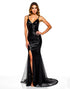 Black Mermaid Spaghetti V-Neck Sequins Split Black Tie Wedding Guest Dresses