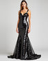 Mermaid Spaghetti Straps V-Neck Sweep Train Black Tie Dresses with Sequin