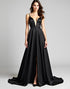 Deep V-Neck Black A-Line Spaghetti Slit Formal Dress Black Tie Dresses