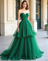 Green A-Line Strapless Sweetheart Neck Ruched Prom Dress