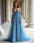 A-Line Spaghetti Sweetheart Neck Ruched Tulle Prom Dress