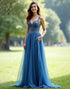 Grey Blue A-Line Spaghetti Sweetheart Neck Lace Appliques Prom Dress