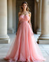 A-Line Strapless Pink Ruffle Sweetheart Neck Prom Dress