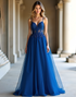 Spaghetti Straps A-Line Dark Blue Prom Dress with Lace Applique