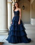 Navy A-Line Spaghetti Straps Cascading Ruffles Prom Dress