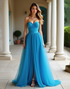 Blue A-Line Strapless Sweetheart Neck Ruched Prom Dress with Slit