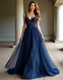 A-Line Navy Spaghetti Sweetheart Neck Prom Dress with Applique