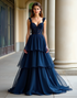 Navy A-Line Spaghetti Cascading Ruffles Applique Prom Dress