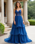 Dark Blue Spaghetti Lace Applique A-Line Prom Dress with Cascading Ruffles
