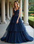 Navy A-Line Lace Applique Tulle Cascading Ruffles Prom Dress