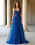 Dark Blue A-Line Spaghetti Applique Prom Dress with Tulle Sweep Train