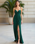 Dark Green A-Line Spaghetti Ruched Prom Dress with Slit