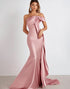 Strapless Pink Mermaid Bateau Neck Sweep Train Formal Dress with Ruched