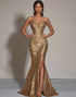 Sparkly Gold Sequins Strapless Mermaid Formal Dress with Slit
