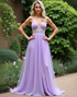 Lilac A-Line Spaghetti V-Neck Crystal Ruched Tulle Long Formal Dress