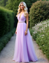 A-Line Lilac Straps Deep V-Neck Crystal Ruched Organza Long Formal Dress
