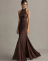 Coffee Mermaid Halter Neck Long Formal Dress