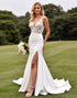 Ivory Lace Mermaid V Neck Wedding Dress with Slit